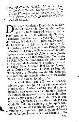 Aprobacion del M. R. P. Fr. Pedro de la Torre, Lector actual de Sagrada Theologia ...
