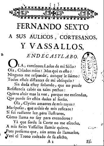 Fernando Sexto a sus aulicos, cortesanos, y vassallos, endecasylabo