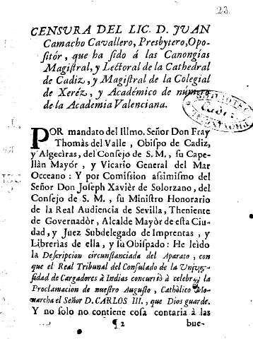 Censura del Lic. D. Juan Camacho Cavallero, Presbytero ...