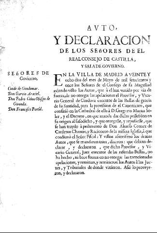 Auto y declaracion de los señores de el Real Consejo de Castilla, y Sala de Govierno