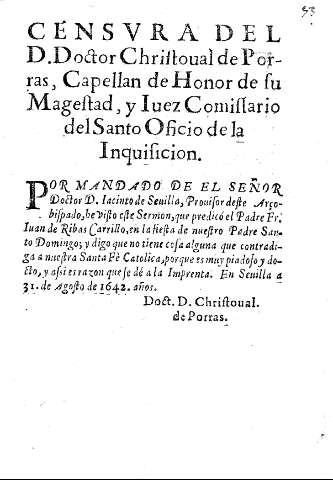 Censura del D. Doctor Christoval de Porras, Capellam de Honor de su Magestad, y Iuez Comissario del Santo Oficio de la Inquisicion