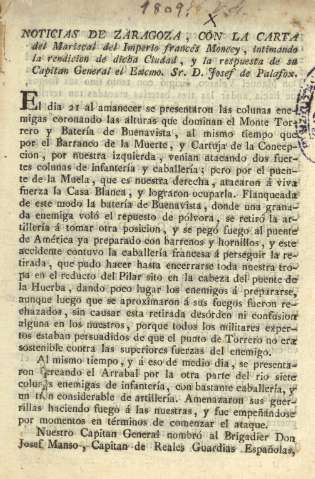 Noticias de Zaragoza, con la carta del Mariscal del Imperio francés Mondey ...