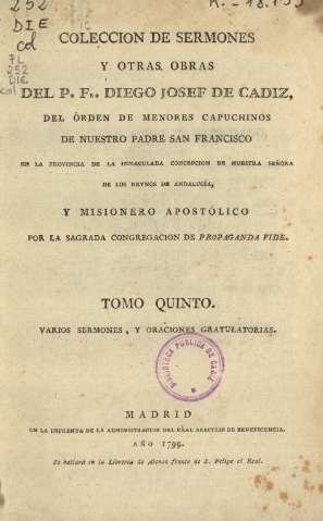 Coleccion de sermones y otras obras del P. Fr. Diego Josef de Cadiz... 