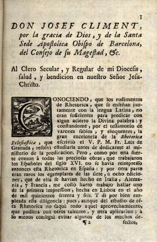 Don Josef Climent, por la gracia de Dios, y de la Santa Sede Apostolica Obispo de Barcelona ...