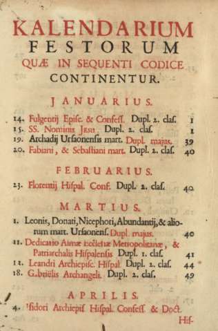 Kalendarium festorum quae in sequenti codice continentur