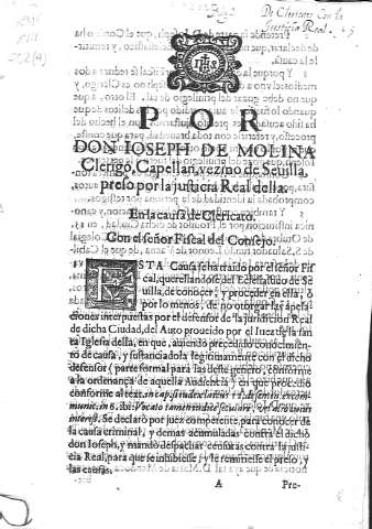 Por Don Ioseph de Molina Clerigo, Capellan, vezino de Sevilla,...
