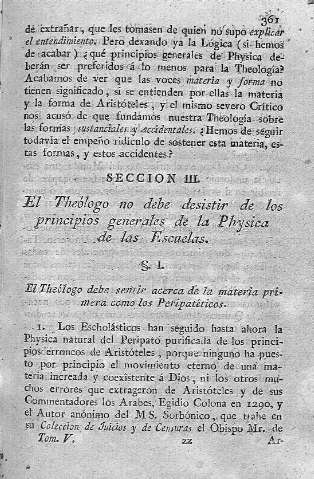 [Seccion III. EL Theólogo no debe desistir de los principios generales de la Physica...] 361