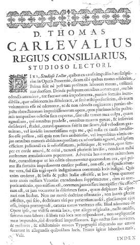 D. Thomas Carlevalius Regius Consiliarius, studioso lectori