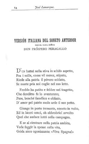 Versión italiana del soneto anterior por el Ilmo. Señor Don Próspero Peragallo