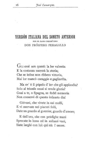 Versión italiana del soneto anterior por el Sabio Prebítero Don Própero Peragallo