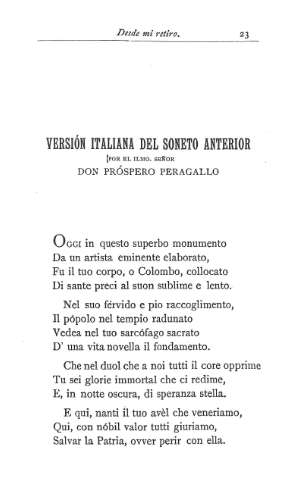 Versión italiana del soneto anterior por el Ilmo. Señor Don Própero Peragallo