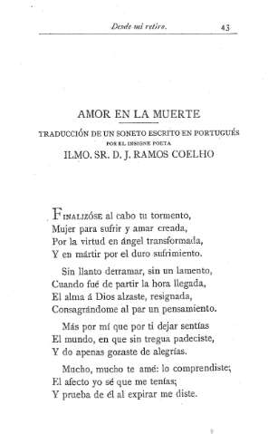 Amor en la muerte .- Traducción de un soneto escrito en portugués por el insigne poeta Ilmo. Sr. D. J. Ramos Coelho