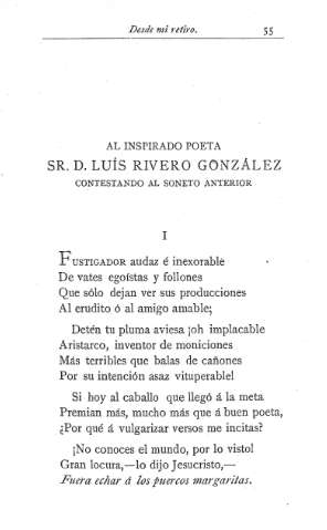 Al Inspirado poeta Sr. D. Luis Rivero González contestando al soneto anterior