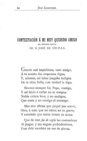 Contestación á mi muy querido amigo el insigne poeta Sr. D. José de Velilla