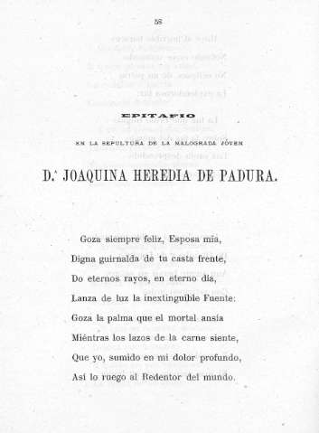 Epitafio en la sepultura de la malograda joven D.ª Joaquina Heredia de Padura