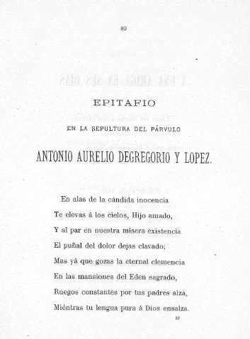 Epitafio en la sepultura del párvulo Antonio Aurelio Degregorio y López