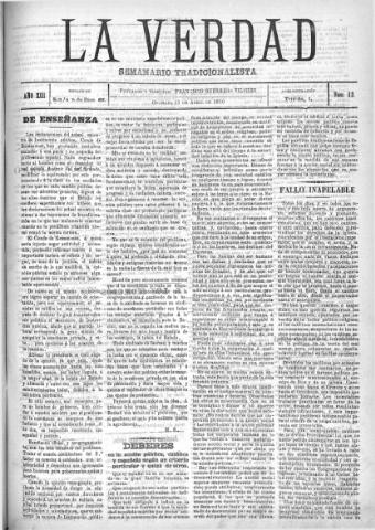 'La verdad : periódico tradicionalista' - Año XIII Número 13 (11/04/1910)