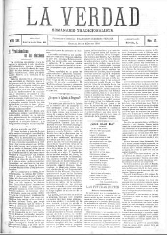 'La verdad : periódico tradicionalista' - Año XIII Número 17 (20/05/1910)