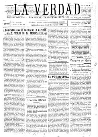 'La verdad : periódico tradicionalista' - Año XIII Número 33 (26/09/1910)