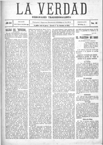'La verdad : periódico tradicionalista' - Año XIII Número 40 (01/12/1910)