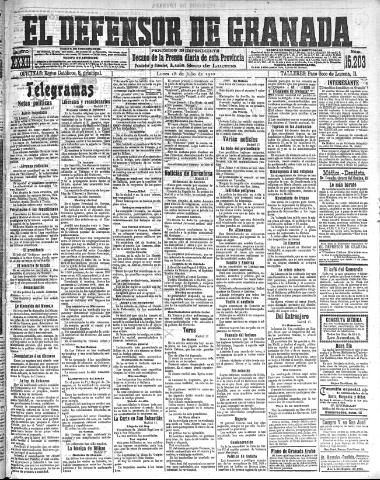 'El Defensor de Granada : diario político independiente' - Año XXXII Número 15203 (18/07/1910)