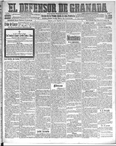 'El Defensor de Granada : diario político independiente' - Año XXXII Número 15220 (04/08/1910)