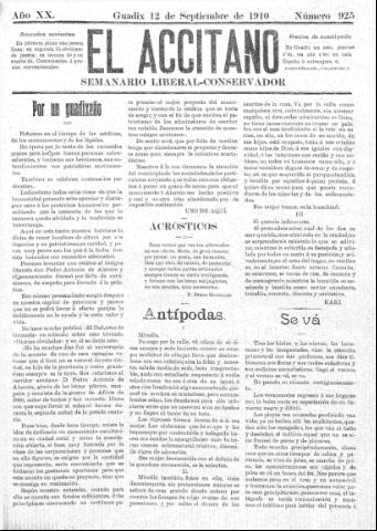 'El accitano: periódico científico, literario y de intereses generales de Guadix y su partido' - Año XX Número 925 (12/09/1910)