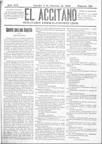 'El accitano: periódico científico, literario y de intereses generales de Guadix y su partido' - Año XX Número 928 (03/10/1910)