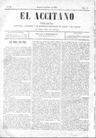 'El accitano  : periódico científico, literario y de intereses generales de Guadix y su partido' - Año II Número 11  - 1892 enero 3