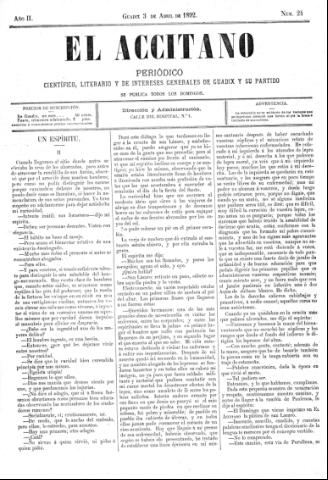 'El accitano  : periódico científico, literario y de intereses generales de Guadix y su partido' - Año II Número 24  - 1892 abril 3