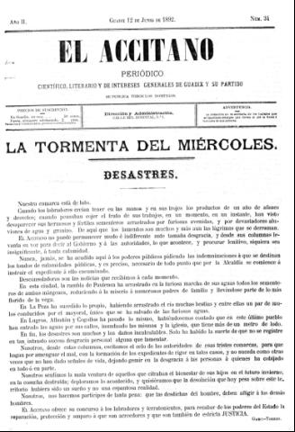 'El accitano  : periódico científico, literario y de intereses generales de Guadix y su partido' - Año II Número 34  - 1892 junio 12
