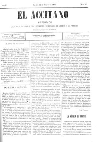 'El accitano  : periódico científico, literario y de intereses generales de Guadix y su partido' - Año II Número 42  - 1892 agosto 14