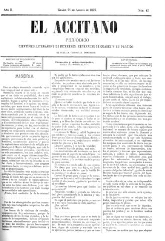 'El accitano  : periódico científico, literario y de intereses generales de Guadix y su partido' - Año II Número 43  - 1892 agosto 21