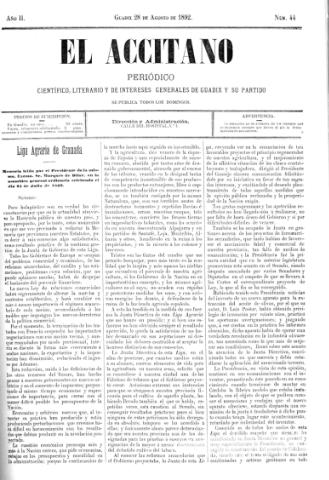 'El accitano  : periódico científico, literario y de intereses generales de Guadix y su partido' - Año II Número 44  - 1892 agosto 28