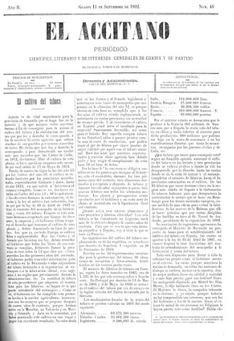 'El accitano  : periódico científico, literario y de intereses generales de Guadix y su partido' - Año II Número 46  - 1892 septiembre 11