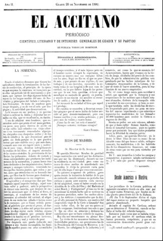 'El accitano  : periódico científico, literario y de intereses generales de Guadix y su partido' - Año  Número 56  - 1892 noviembre 20