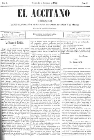 'El accitano  : periódico científico, literario y de intereses generales de Guadix y su partido' - Año  Número 61  - 1892 diciembre 25