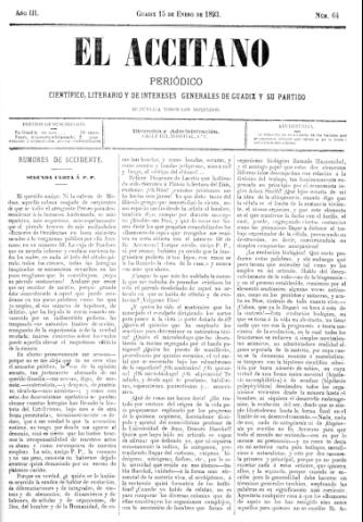 'El accitano  : periódico científico, literario y de intereses generales de Guadix y su partido' - Año III Número 64  - 1893 enero 15