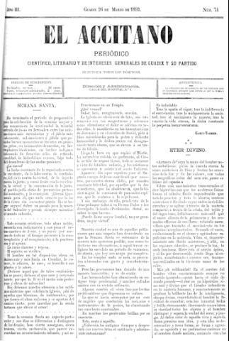 'El accitano  : periódico científico, literario y de intereses generales de Guadix y su partido' - Año III Número 74  - 1893 marzo 26