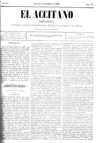 'El accitano  : periódico científico, literario y de intereses generales de Guadix y su partido' - Año III Número 97  - 1893 septiembre 3