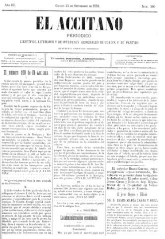 'El accitano  : periódico científico, literario y de intereses generales de Guadix y su partido' - Año III Número 100  - 1893 septiembre 21
