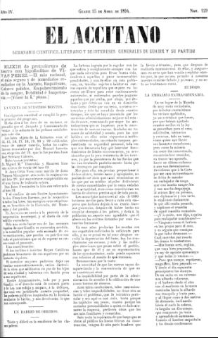 'El accitano  : periódico científico, literario y de intereses generales de Guadix y su partido' - Año IV Número 129  - 1894 abril 15