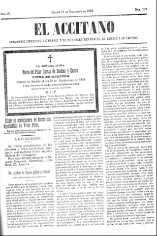 'El accitano  : periódico científico, literario y de intereses generales de Guadix y su partido' - Año IV Número 159  - 1894 noviembre 11