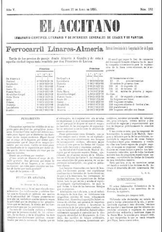 'El accitano  : periódico científico, literario y de intereses generales de Guadix y su partido' - Año V Número 182  - 1895 abril 21