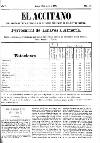 'El accitano  : periódico científico, literario y de intereses generales de Guadix y su partido' - Año V Número 186  - 1895 mayo 19