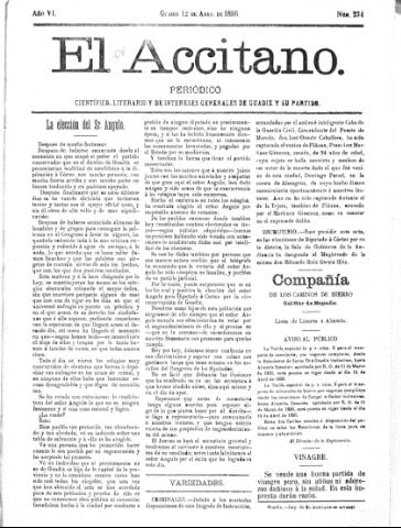 'El accitano  : periódico científico, literario y de intereses generales de Guadix y su partido' - Año VI Número 234  - 1896 abril 12