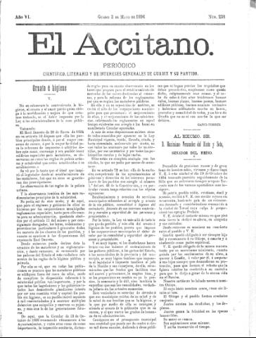 'El accitano  : periódico científico, literario y de intereses generales de Guadix y su partido' - Año VI Número 238  - 1896 mayo 3