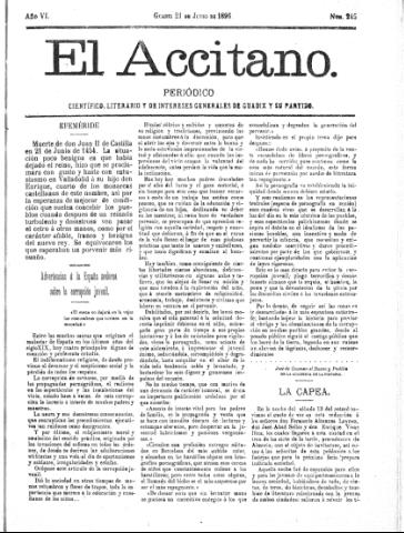 'El accitano  : periódico científico, literario y de intereses generales de Guadix y su partido' - Año VI Número 245  - 1896 junio 21