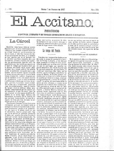 'El accitano  : periódico científico, literario y de intereses generales de Guadix y su partido' - Año VII Número 278  - 1897 febrero 7