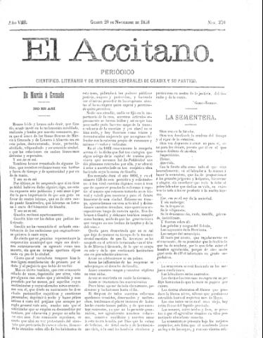 'El accitano  : periódico científico, literario y de intereses generales de Guadix y su partido' - Año VIII Número 370  - 1898 noviembre 20